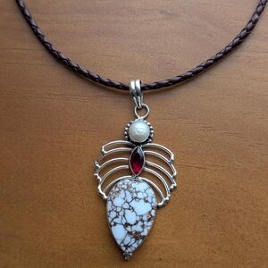 Sterling Silver White Horse Jasper Pendant Necklace with Red Garnet Accent